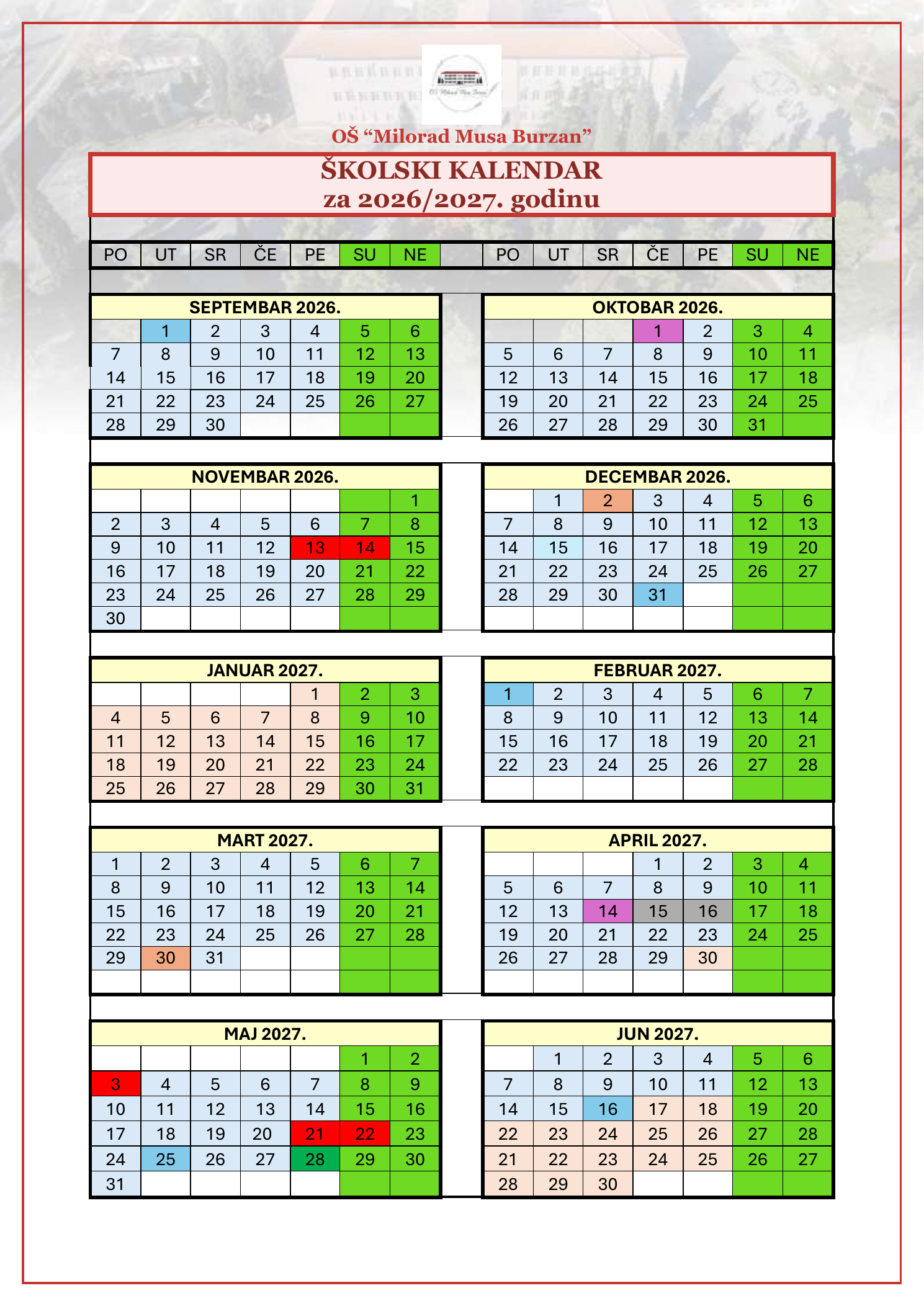 First page of the school calendar